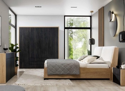 Schlafzimmer Set Бежевый Кровать 2x Тумбочки Комод Шкаф Модерн 5 предметов.