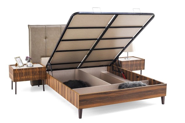 Современный комплект мягкой мебели для спальни, дизайнерская двуспальная кровать с деревянными консольными столиками.