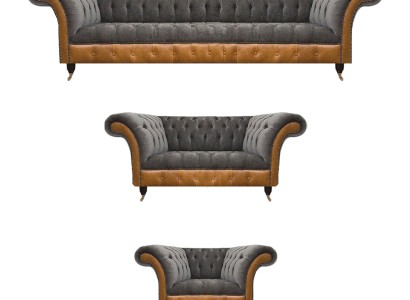 Серо-коричневый диван Chesterfield из текстиля, 3-х предметный набор.