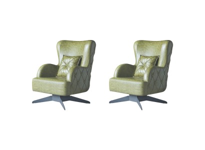 Набор Честерфилд кресел. Зеленая обивка. Классический дизайн с ножками из нержавеющей стали и кожаными подушками.