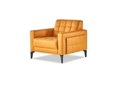 Кресло Честерфилд с мягкой кожаной обивкой, современный дизайн с подлокотниками из нержавеющей стали и дерева.