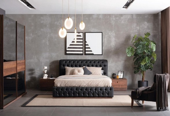 Кровать Шкаф 2x Тумбочка Роскошная Спальня Обивка Дизайн Новый