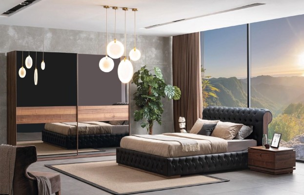 Кровать Шкаф 2x Тумбочка Роскошная Спальня Обивка Дизайн Новый