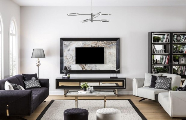 Роскошная стенка для гостиной + комод, тумба под телевизор, полка для гостиной, черный глянец.